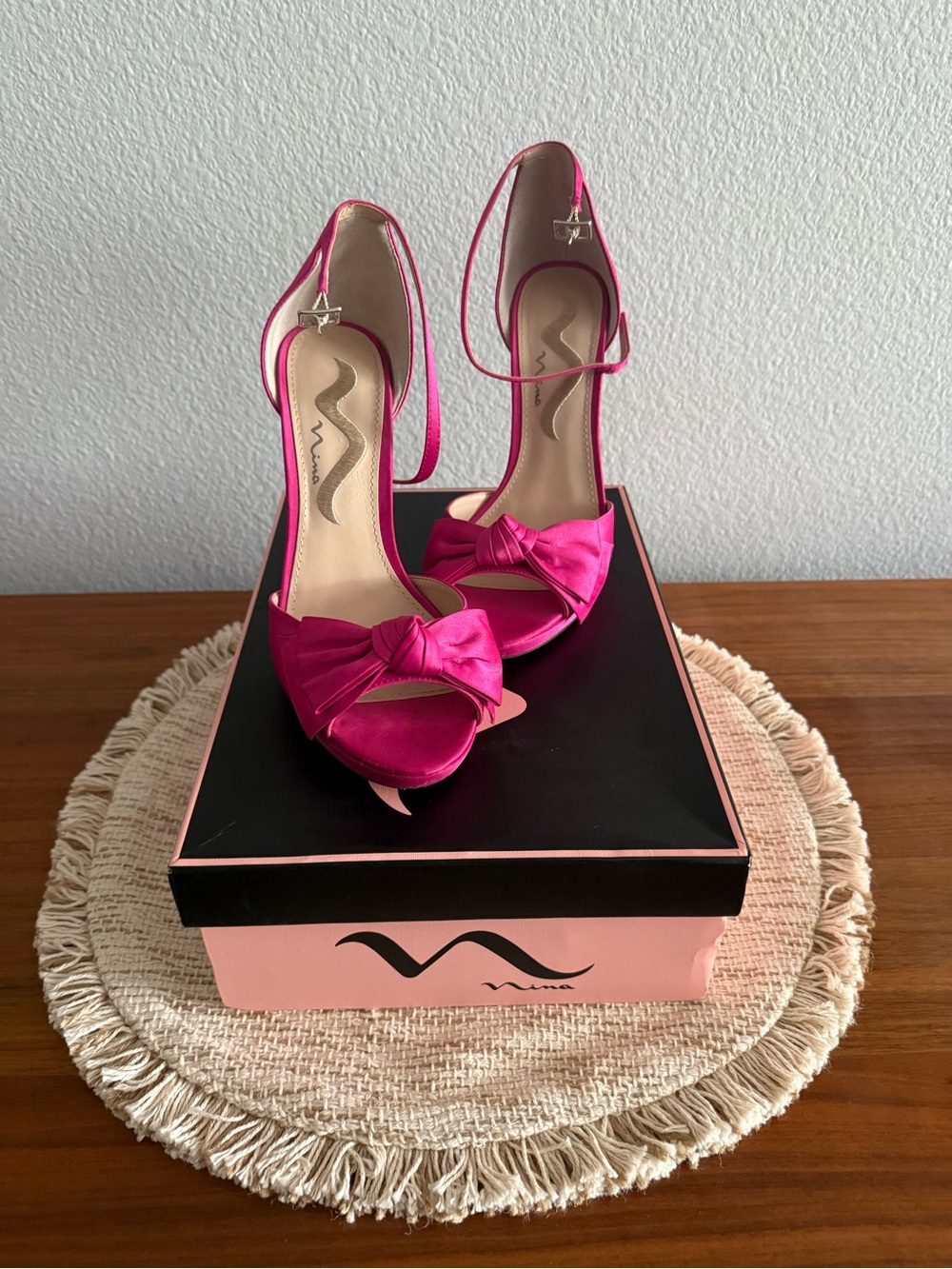 Nina Fuchsia Bow Ankle-Strap Open-Toe Heels